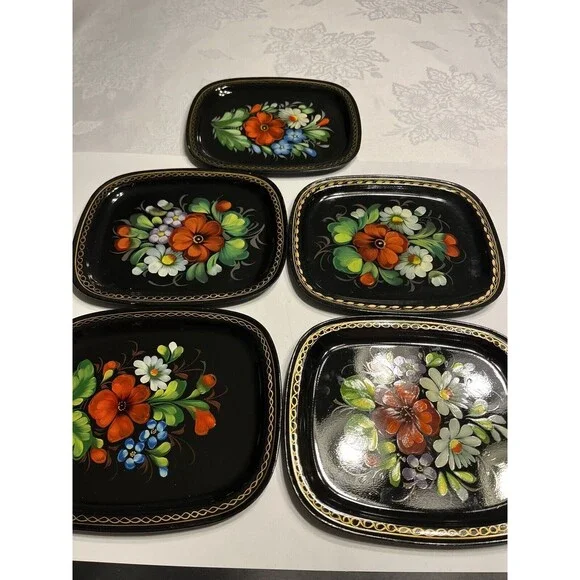 5 Vintage Zhostovo Soviet Russian Hand Painted Flowers Toleware Trays Yeha 8x6” - Picture 2 of 15